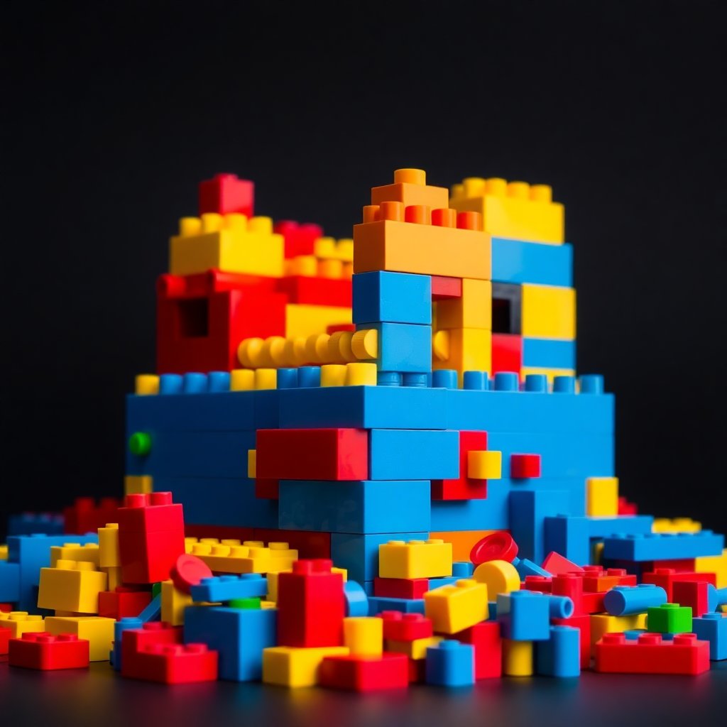 Colorful brick models built from toy bricks